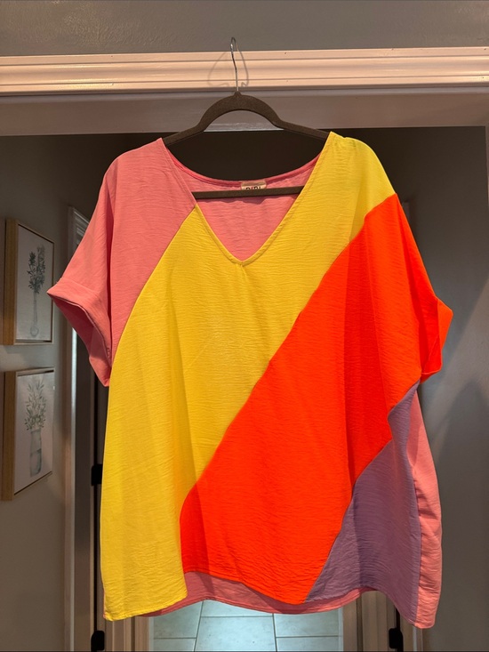 BiBi Tops - BiBi Colorblock V-Neck Tunic in Pink, Yellow & Orange
